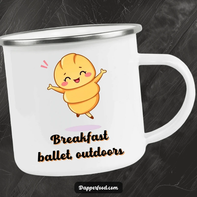 Funny camping mug featuring a croissant doing a ballet twirl with a wink, ready for the outdoors.
