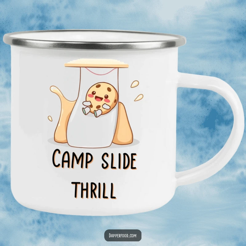 Funny cookie camping mug with a giggling character sliding down a milk-flavored slide, ideal for enjoying drinks outdoors.