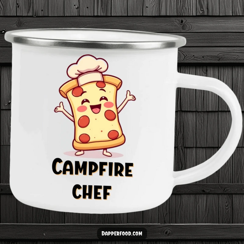 Funny camping mug with a joyful pizza slice in a dramatic pose wearing a tiny chef hat, perfect for outdoor meals.