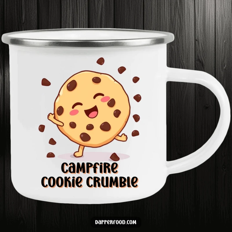 Funny cookie cartwheel camping mug, showing a chocolate chip cookie mid-cartwheel, ready for outdoor fun. An adventure-ready funny gift.