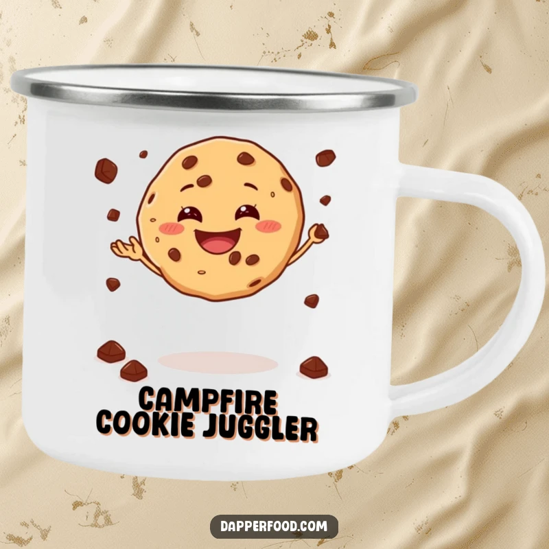 Funny camping mug showing a happy cookie juggling chocolate chips while balancing, perfect for outdoor treats.