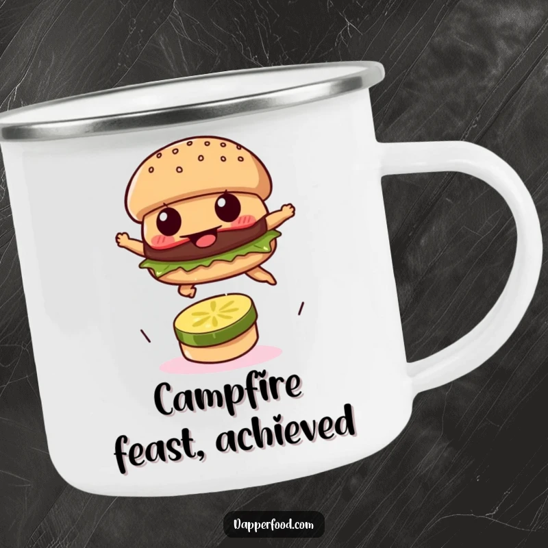 Funny camping mug featuring a burger patty leaping over a pickle, ready for outdoor adventures.