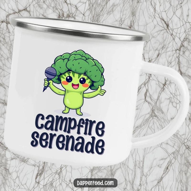 Funny camping mug with a proud broccoli floret character holding arms up and presenting a tiny microphone, ready for any stage.