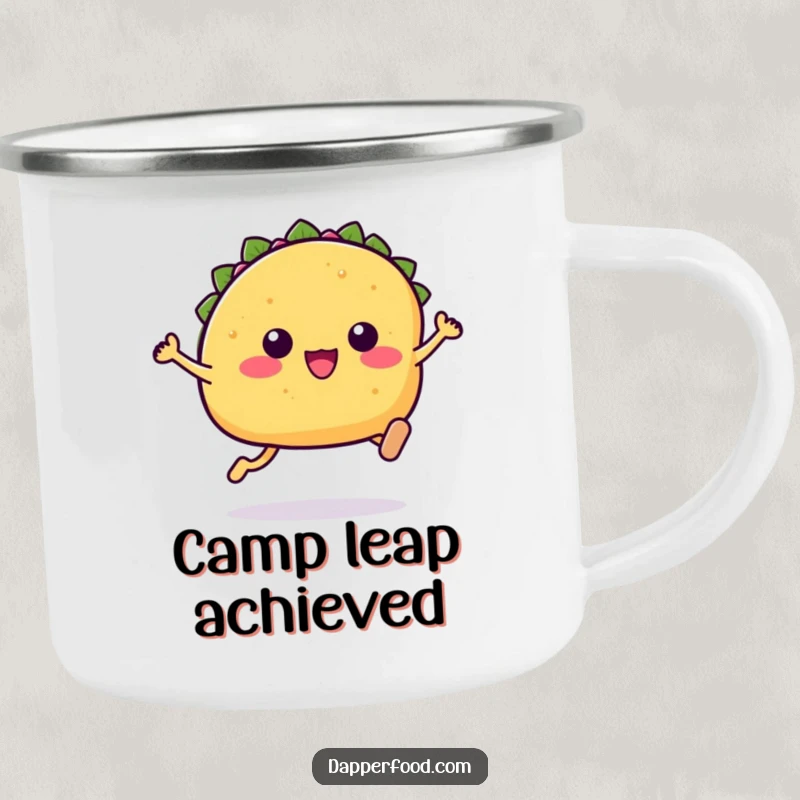 Funny Kawaii taco camping mug showing a cute taco character with tiny legs in a leaping posture.