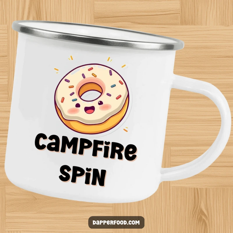Funny camping mug with an excited donut with sprinkles joyfully spinning on its edge, perfect for outdoor fun.