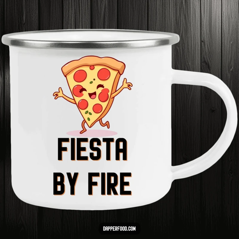 Funny pizza slice camping mug, tiny legs performing a lively flamenco dance, for humorous outdoor beverage enjoyment.