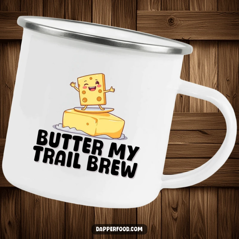 Funny delighted cheese slice character surfing on a giant pat of butter with a goofy grin, a durable and humorous camping mug.