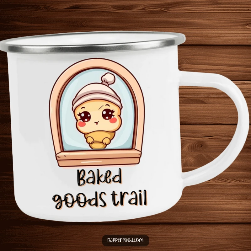 Funny camping mug featuring a curious croissant character with eyes and a tiny hat, peeking from a bakery window, for outdoor enjoyment.
