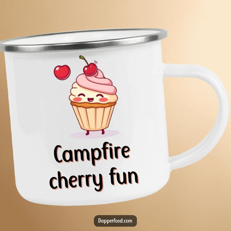 Funny enamel camping mug with a blushing cupcake character playfully tossing a cherry, suitable for any outdoor setting.