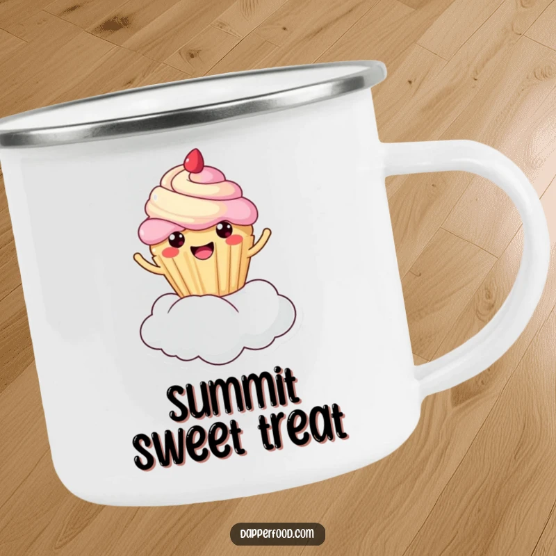 Funny cupcake cloud bounce camping mug, kawaii character joyfully bouncing on a cloud, durable for outdoors, excellent funny gift.