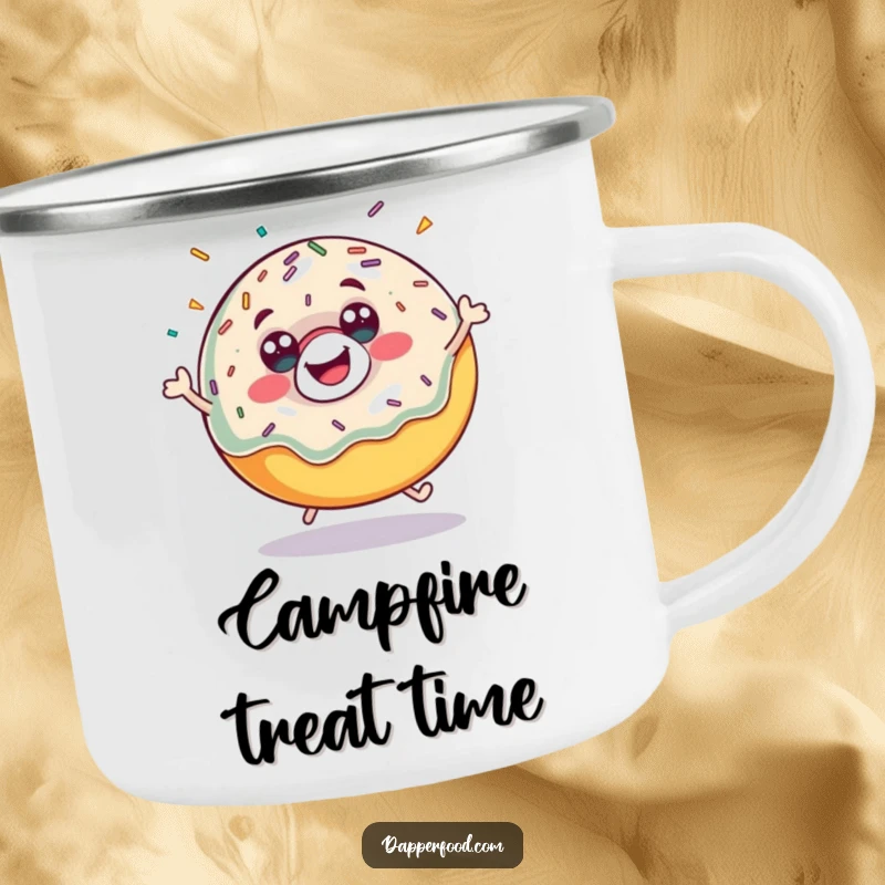 Funny donut bounce camping mug, a happy donut with sprinkles flying, ready for outdoor enjoyment. An adventure-ready funny gift.