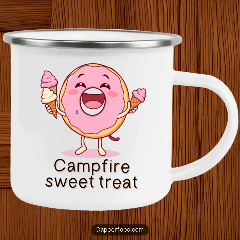 Funny donut slice camping mug, big grin, hilariously juggling tiny ice cream cones, for humorous outdoor beverage enjoyment.