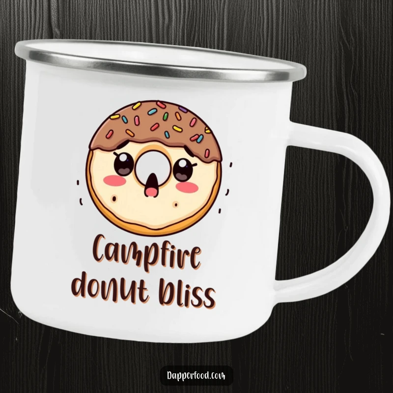 Funny enamel camping mug featuring a surprised doughnut character with sprinkles raining down, perfect for outdoor enjoyment.