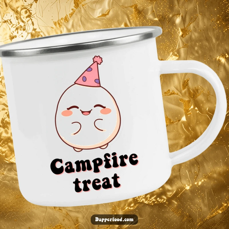 Funny camping mug with a cheerful dumpling winking and wearing a tiny party hat, designed for festive outdoor fun.