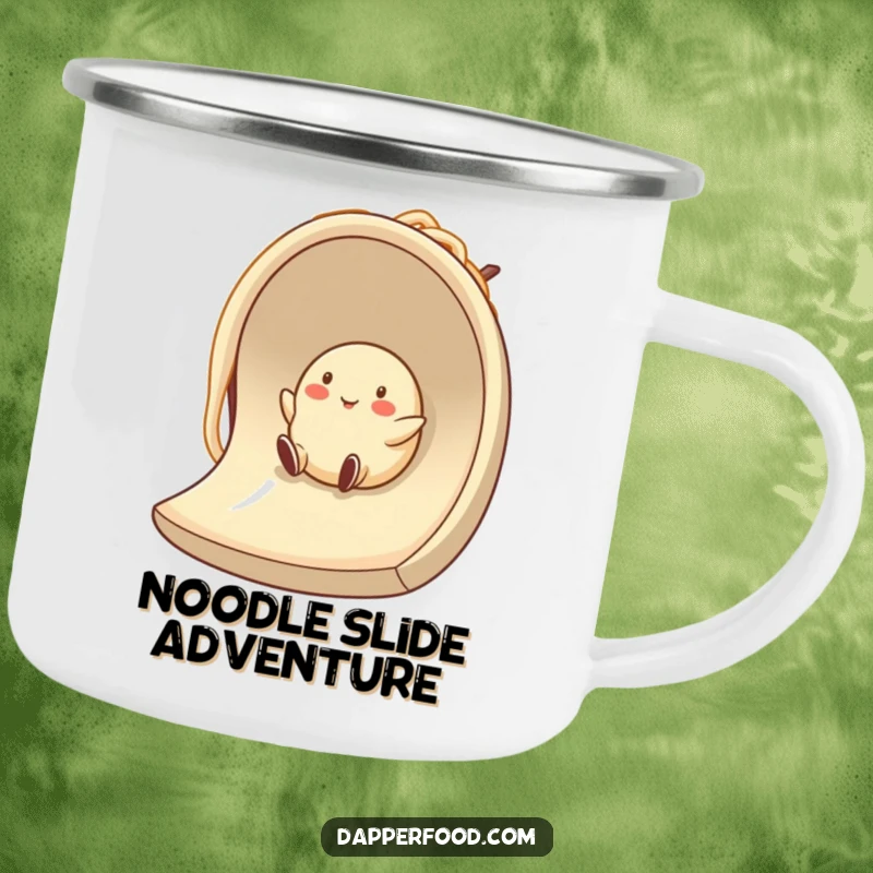 Funny dumpling character sliding down a noodle on a sturdy camping mug, adding humor to outdoor adventures.
