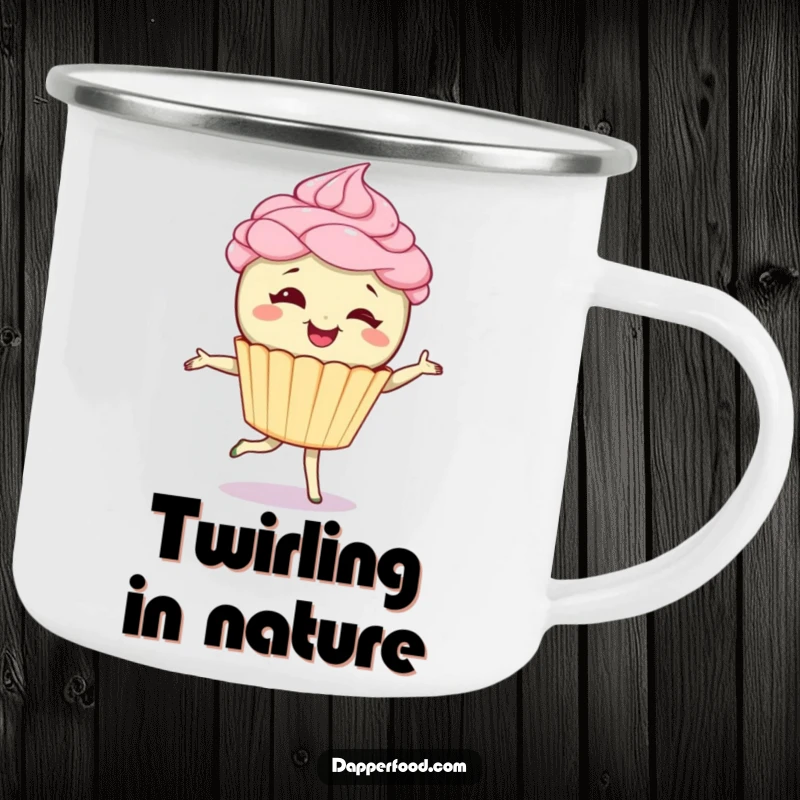Funny enamel camping mug with a giggling cupcake character doing a pirouette, built for adventure and sweet sips. Funny gift.