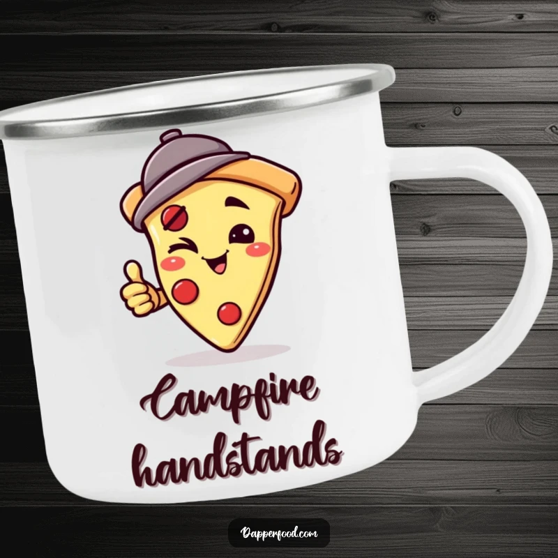 Funny enamel camping mug with a winking pizza slice character in a jaunty hat doing a handstand, built for adventure and witty sips. Funny gift.