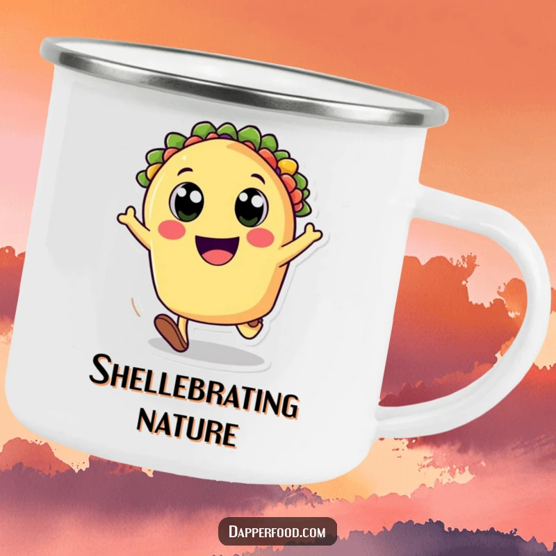 Funny enamel camping mug featuring a happy taco character cartwheeling, built for adventure and bringing cheerful vibes to any outdoor trip. Funny gift.