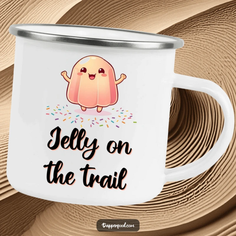 Funny camping mug showing a happy jelly bouncing on sprinkles, perfect for outdoor enjoyment.