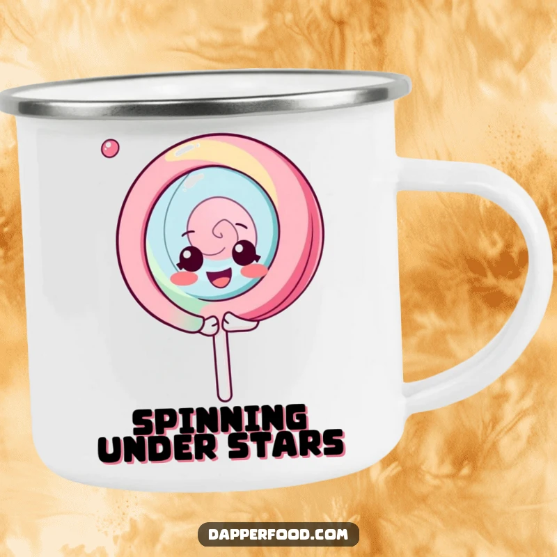 Funny Kawaii Lollipop Camping Mug: A cheerful character spinning gleefully on an enamel mug, perfect for outdoor fun, a great funny gift.