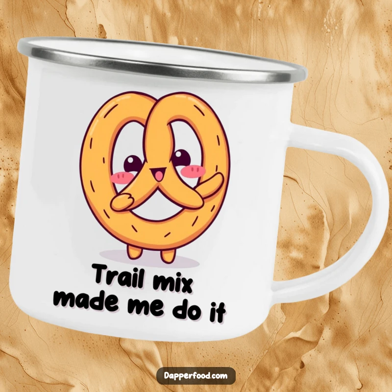 Funny Kawaii pretzel character doing a playful wiggle on a rugged enamel camping mug, ready for outdoor fun.