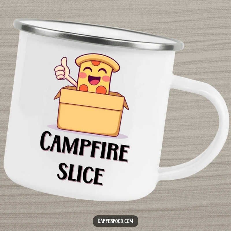 Funny camping mug with a giggling slice of pizza giving a thumbs-up from a giant box, designed for delicious outdoor fun.