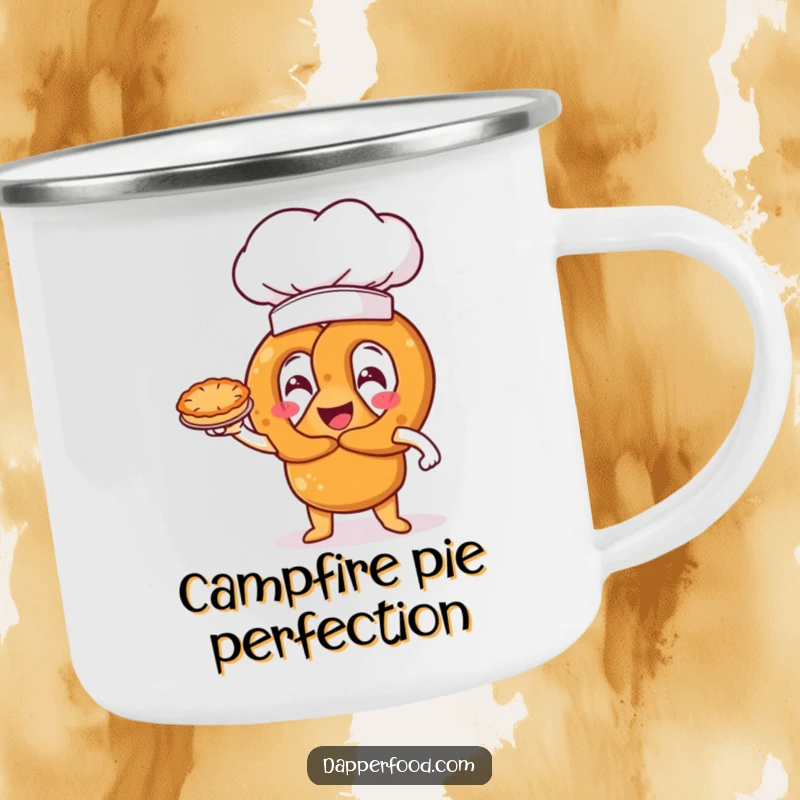 Funny pretzel character with an oversized chef hat, triumphantly presenting a miniature pie, a durable and humorous camping mug.