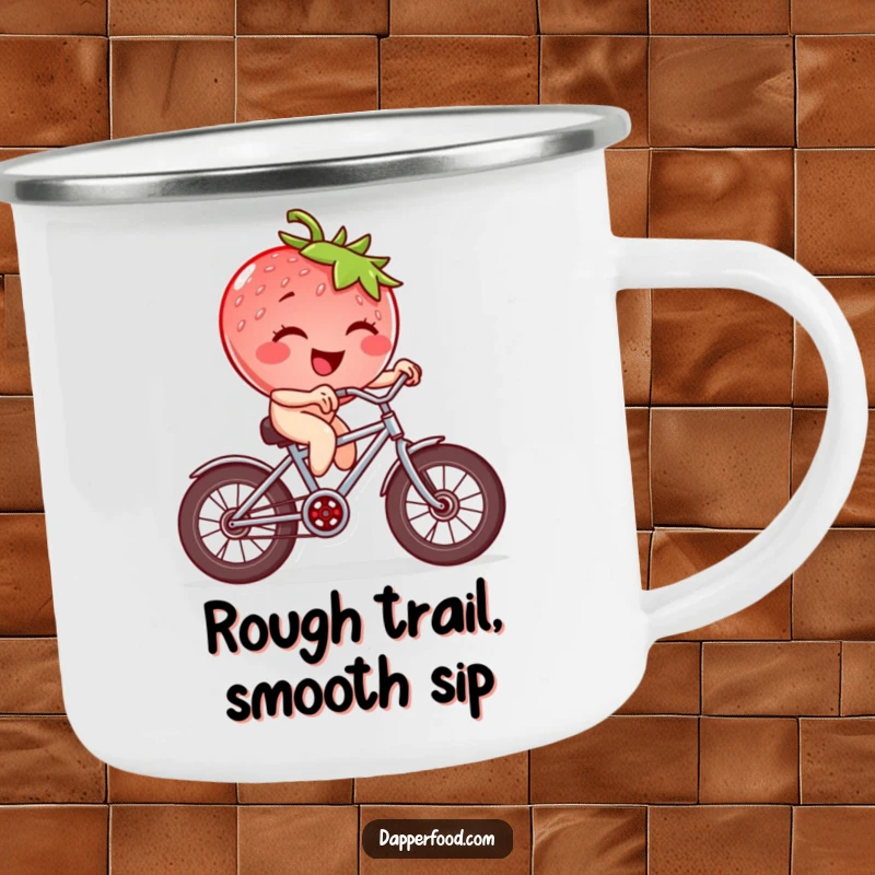 Funny strawberry character winking and riding a tiny bicycle with square wheels, a durable and humorous camping mug.