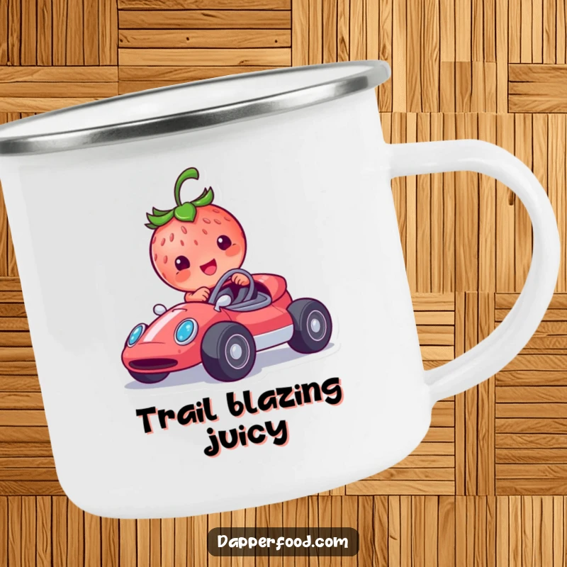 Funny strawberry racer camping mug featuring a smiling character in a tiny race car, ideal for humorous outdoor sips.