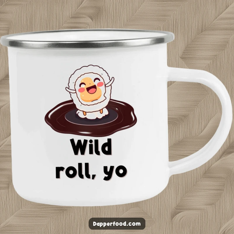 Funny camping mug showing a sushi roll kicking a cartwheel on soy sauce, perfect for outdoor fun.