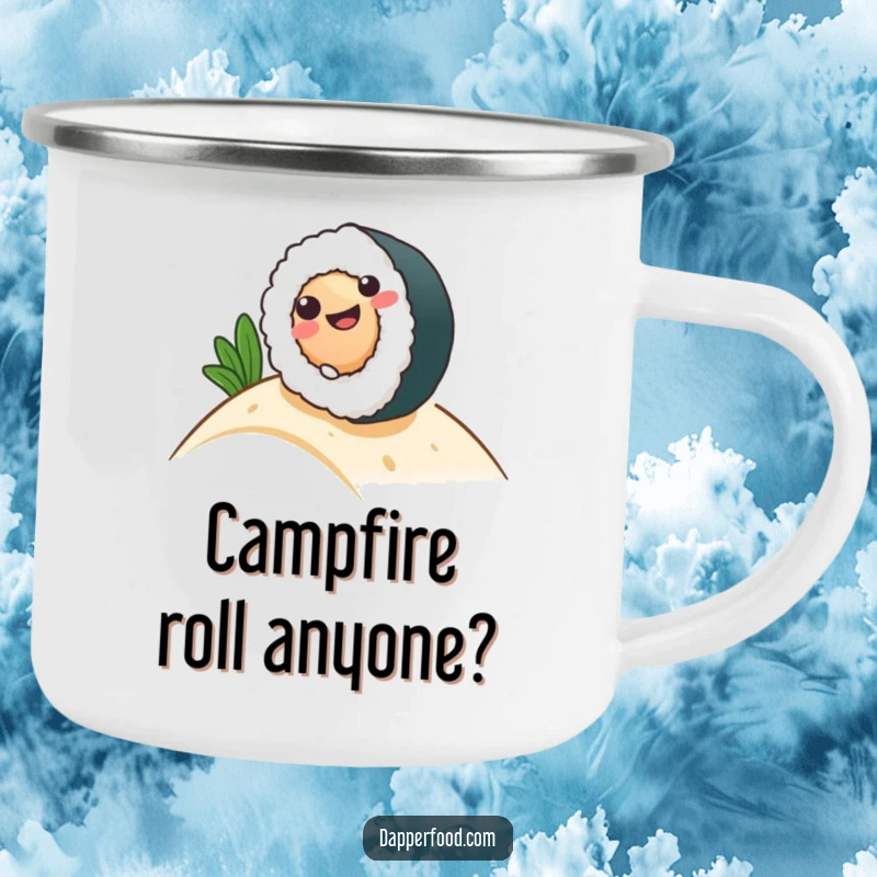 Funny Camping Mug featuring a happy sushi roll character rolling downhill, durable and perfect for outdoor use.