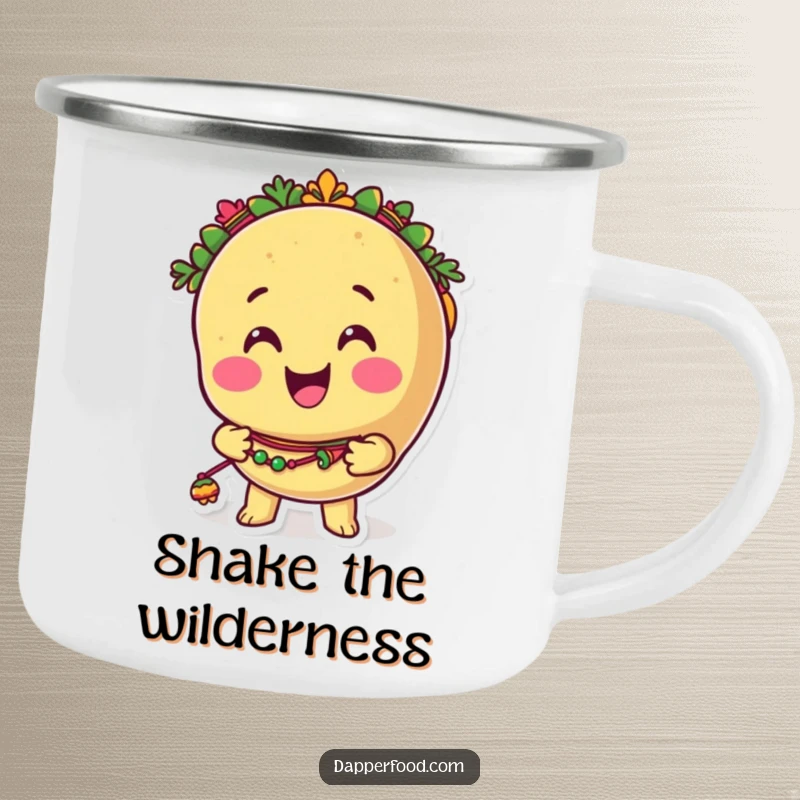 Funny taco camping mug featuring a smiling anthropomorphic taco character shaking tiny, colorful maracas, perfect for outdoor merriment.
