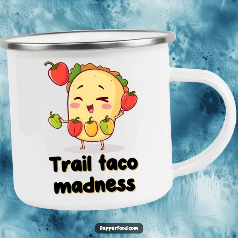 Funny enamel camping mug featuring a winking taco character juggling three tiny bell peppers under a starry night sky.