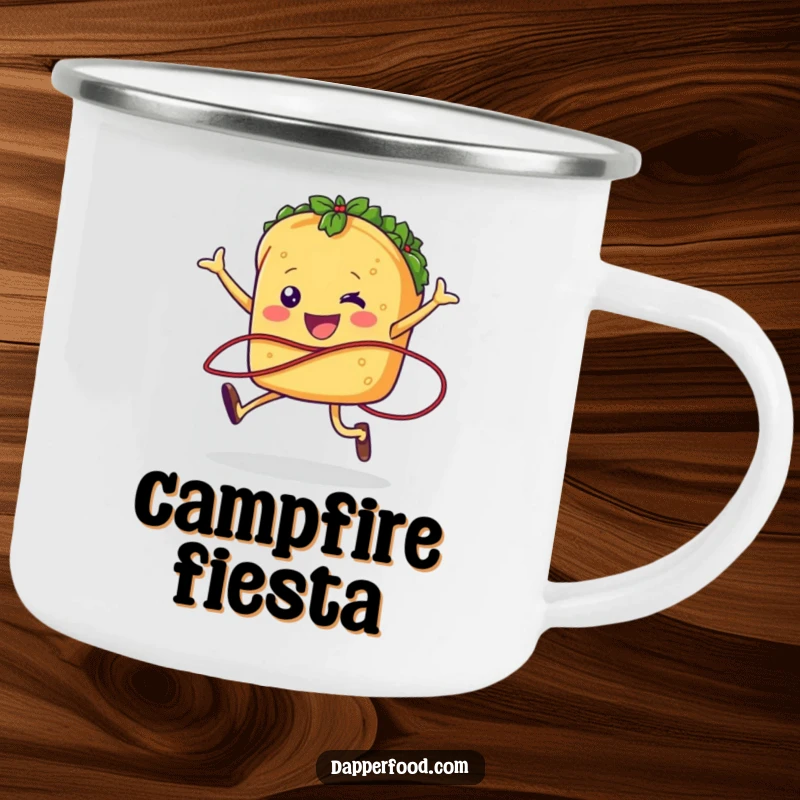 Funny taco character jumping rope with salsa on a sturdy camping mug, adding humor to outdoor trips.