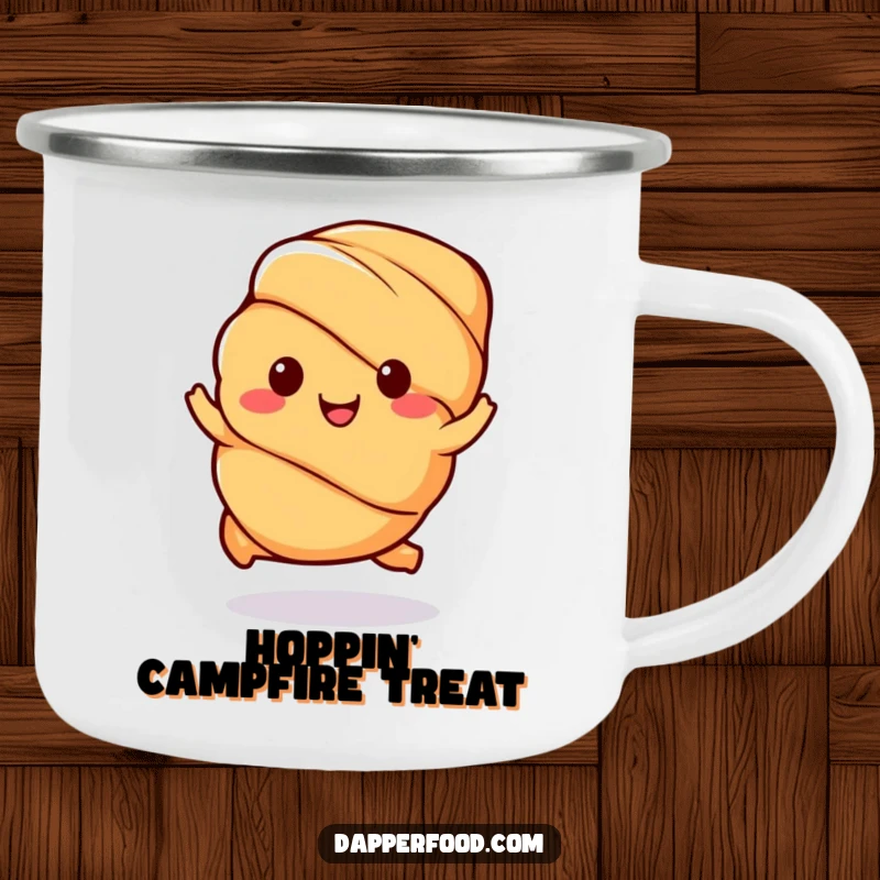 Funny Kawaii Croissant Camping Mug: A delightful pastry character hopping on an enamel mug, perfect for outdoor fun, a great funny gift.