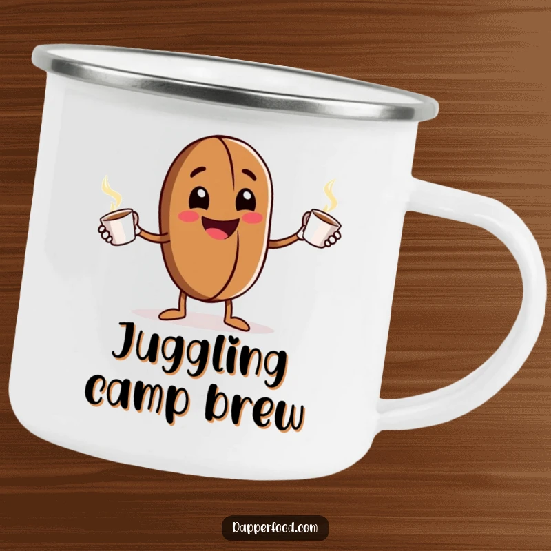 Funny Camping Mug: A grinning anthropomorphic coffee bean character enthusiastically juggles tiny steaming cups, designed for durability and outdoor enjoyment.