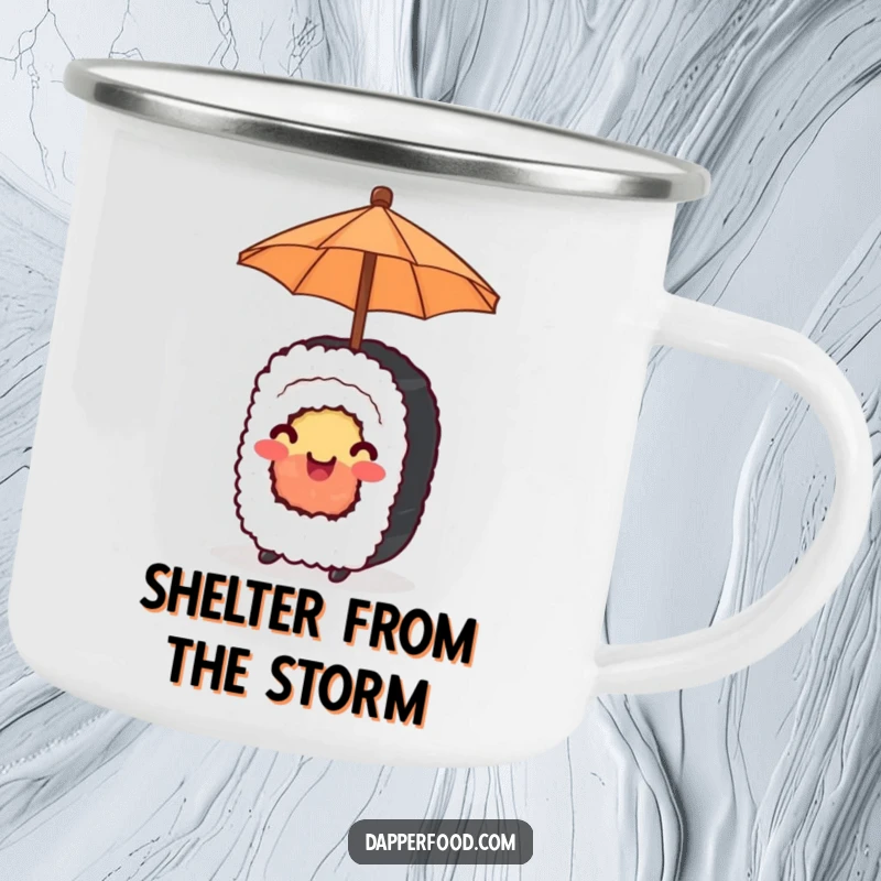 Funny Camping Mug with a happy sushi roll holding a tiny umbrella, bringing cheerful vibes to the outdoors.