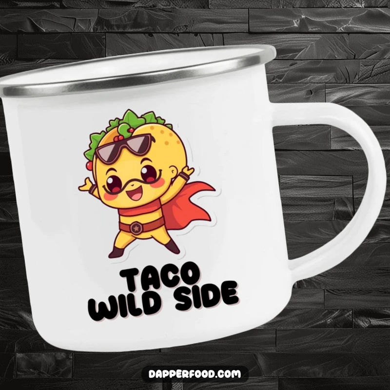 Funny camping mug showing a happy taco in a superhero pose, perfect for outdoor missions.