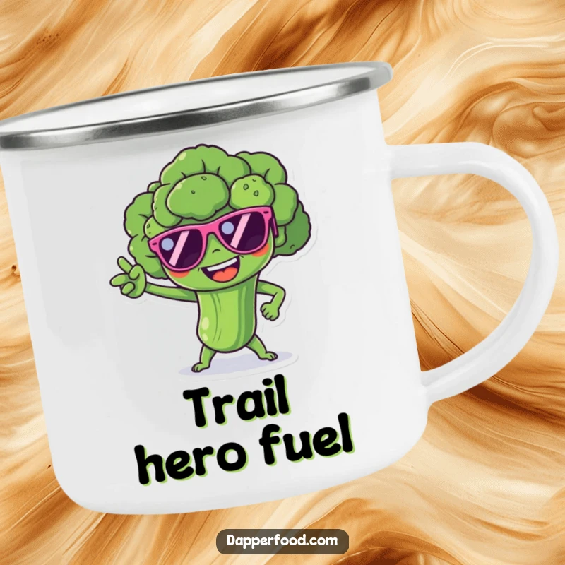 Funny broccoli spear character with tiny sunglasses, striking a superhero pose, a durable and humorous camping mug.