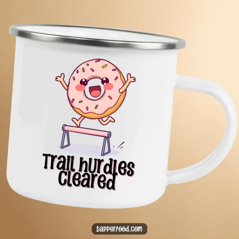 Funny enamel camping mug with a delighted, sprinkled donut character leaping over a hurdle, built for adventure and sweet sips. Funny gift.