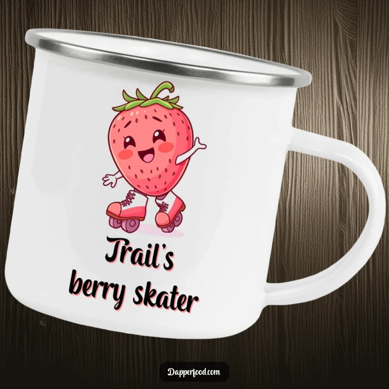 Funny strawberry character on roller skates, designed for a durable and humorous camping mug.
