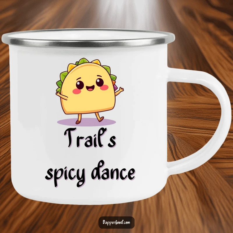 Funny Camping Mug: A cheerful taco with legs salsa dances with a smiling burrito, ready for fiesta adventures outdoors.