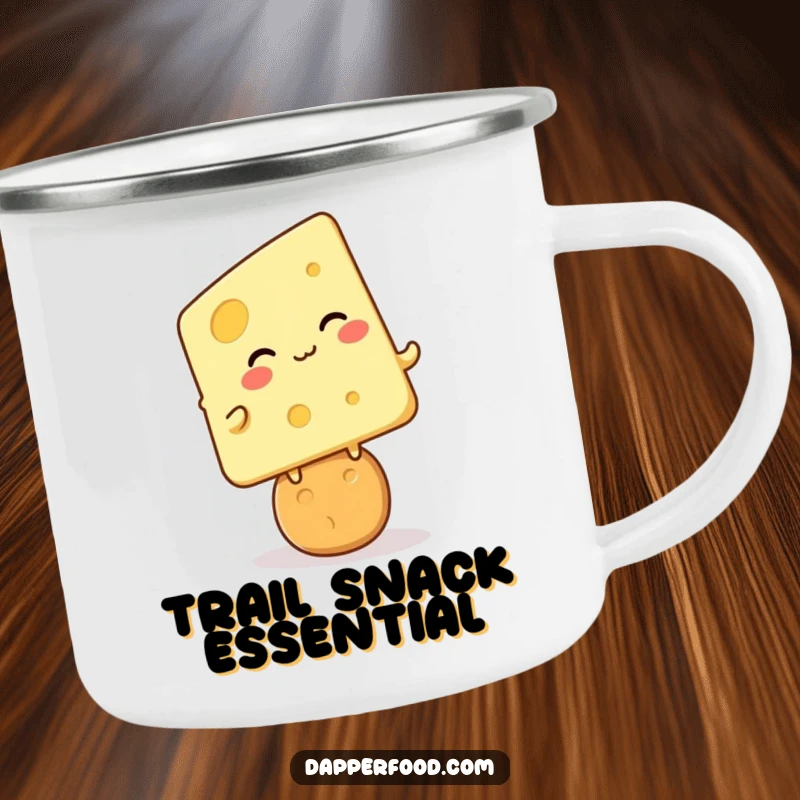 Funny cheese cracker giggle camping mug, kawaii cheese character giggling on a cracker, durable for outdoors, excellent funny gift.