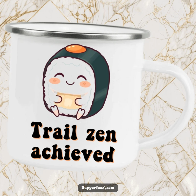 Funny camping mug with a grinning sushi roll with eyes closed, serenely meditating, perfect for outdoor peace.