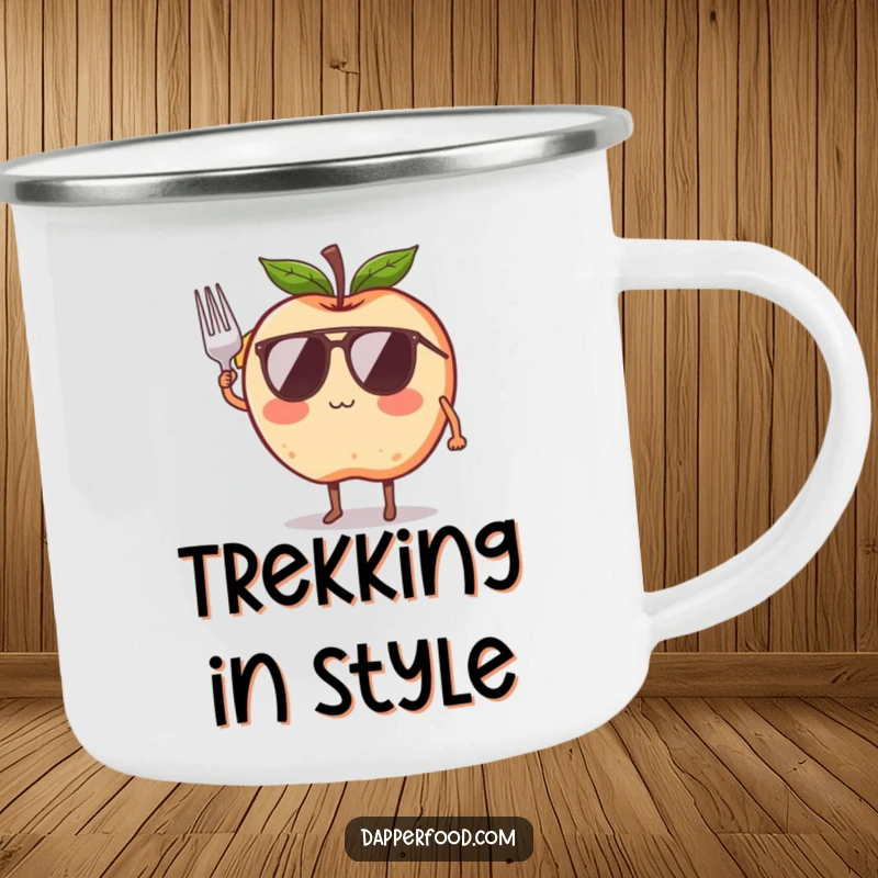 Funny camping mug with a blushing apple character in sunglasses, saluting with a tiny fork, for outdoor humor.