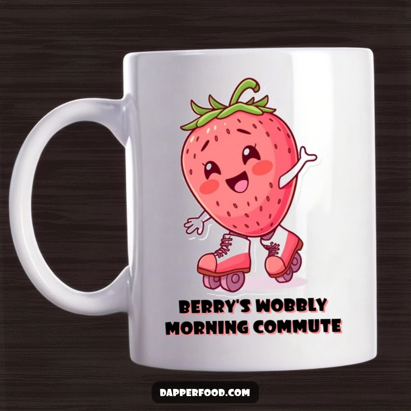 Funny roller skating strawberry character with oversized skates, wobbling playfully and looking delighted on a ceramic mug.