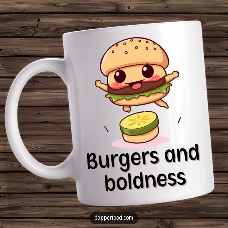 Funny burger mug showing a determined patty leaping over a tiny pickle, embodying delicious ambition.