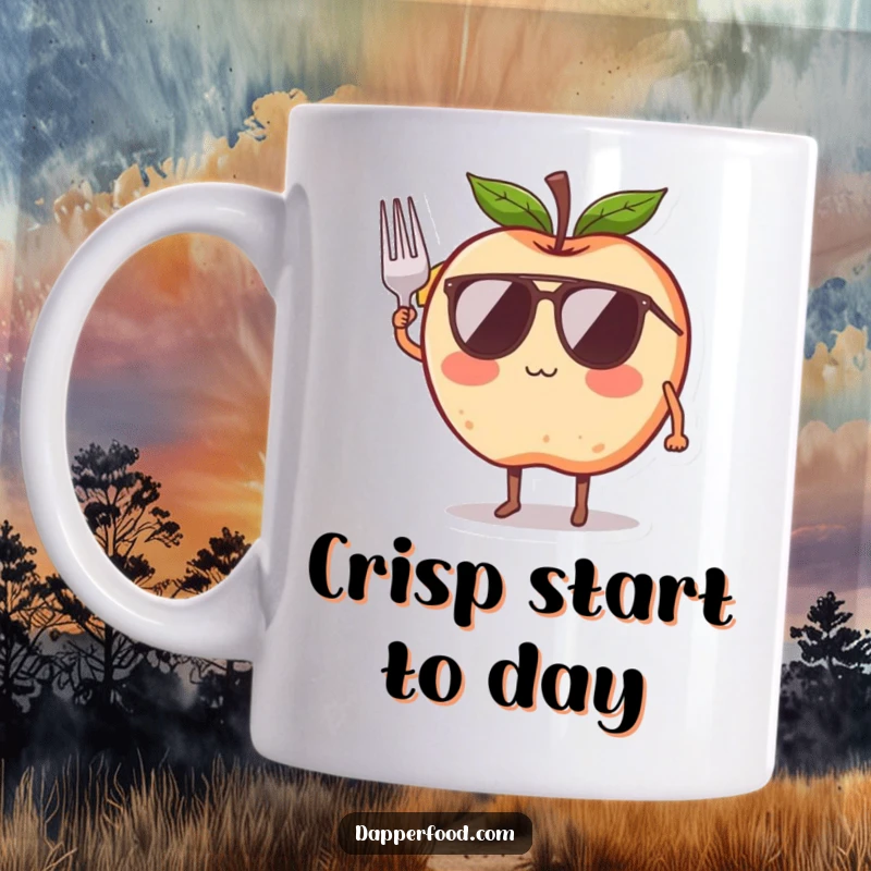 Funny mug with a blushing apple character wearing sunglasses, cheerfully saluting with a small fork, exuding a cool and playful attitude.