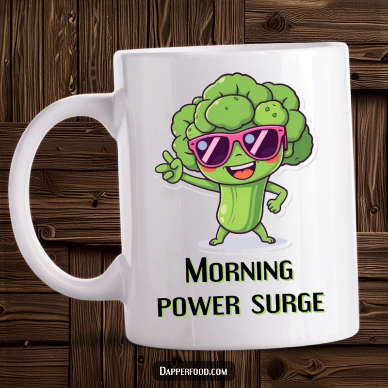 Funny broccoli spear character wearing tiny sunglasses, striking a dramatic superhero pose, a heroic and humorous mug design.