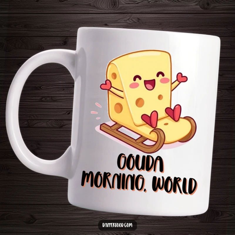 Funny cheese slice mug sliding down a giant cracker like a sled, expressing pure, cheesy joy. A fantastic funny gift.